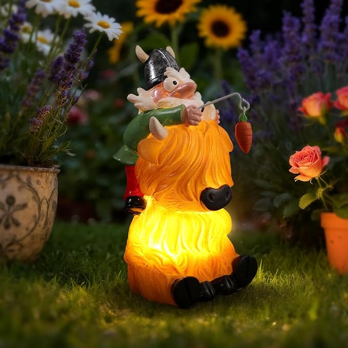 Garden Gnome Statue Highland Cow Gift,Yard Patio Balcony Outdoor Decor Solar Light Figurine, Christmas, Housewarming Gift,Idea Gift for Mom, Neighbor,Gnome Lover