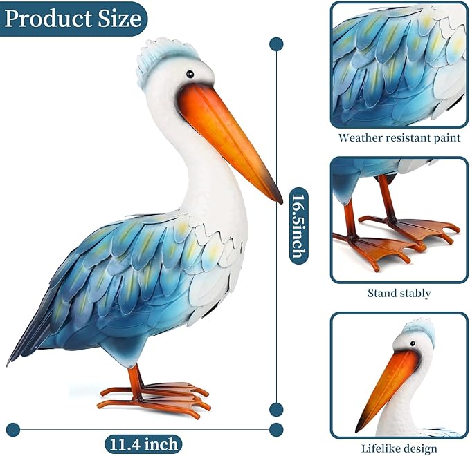 Pelican Statues Metal Garden Decor Coastal Blue Heron Yard Art Sculpture Ornament for Backyard Porch Patio Pond Decor