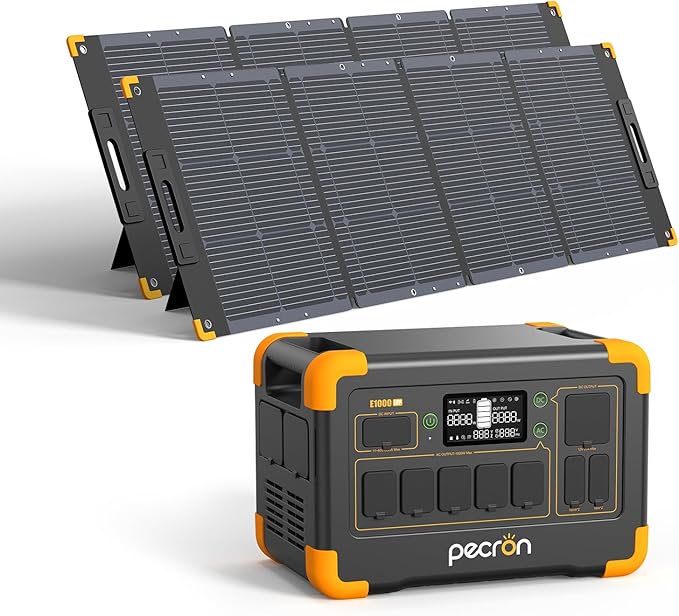 pecron Solar Generator E1000LFP with 2x200W Solar Panels, 1024Wh/1800W LiFePO4 Battery Backup, Portable Power Station Expandable to 4097Wh, Fast Charging Power Station for Emergencies, Camping, RV