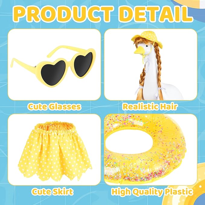 Hawaiian Porch Goose Outfits with Braid Wig Set, Bikini Goose Clothes – Fits 23” Porch Goose Statue, Outdoor Patio Yard & Lawn Decoration