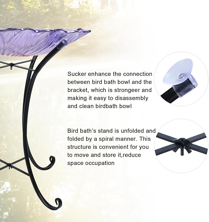 MUMTOP Outdoor Glass Birdbath with Metal Stand for Outside Yard Garden Decor, 18 inch Diameter Purple Bird Baths Bowl for Outdoors, 21 inch Height