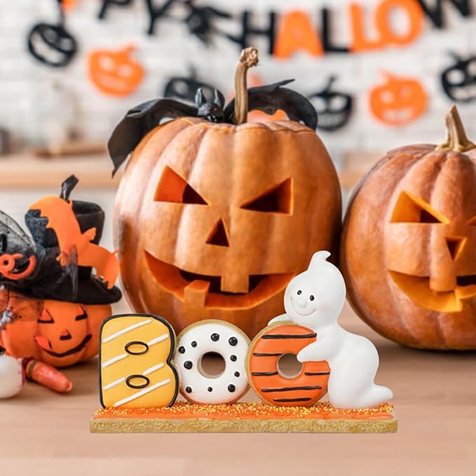 Newman House Studio Halloween Decorations Boo Collectible Figurines - Halloween Decor Indoor Cute Boo Ghost Sculptures Sign for Trick or Treat Theme Party Tabletop Farmhouse Decor 7.75 x 2 x 4.5 inch