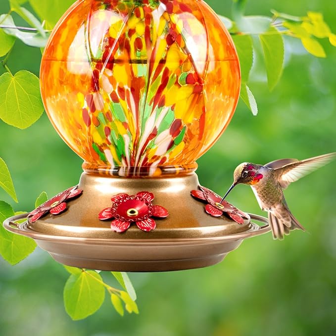 BOLITE Hummingbird Feeder, Hand Blown Glass Hummingbird Feeders for Outdoors Hanging, with Ant Moat and 5 Feeding Ports, 20 Ounces, Meshy Texture Ball Shape Bottle, Orange, Gifts for Women Men