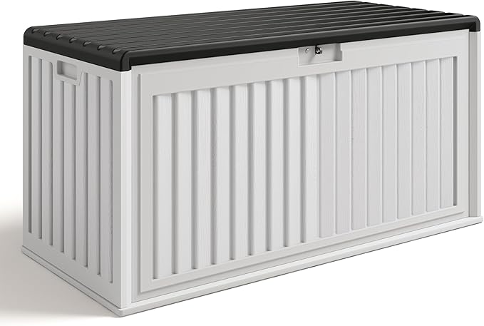 Gizoon 100 Gallon Deck Box, Resin Outdoor Storage Box with Lockable Lid, Waterproof and UV Resistant, Perfect for Storing Patio Mats, Garden Tools, Home and Outdoor Organization