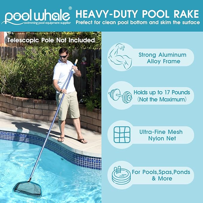 POOLWHALE Pool Skimmer Net Rake, Aluminum Frame Deep Nylon Net, Ultra Fine Mesh Pool Nets for Cleaning Leaves, Debris & Swimming Pools Skimming