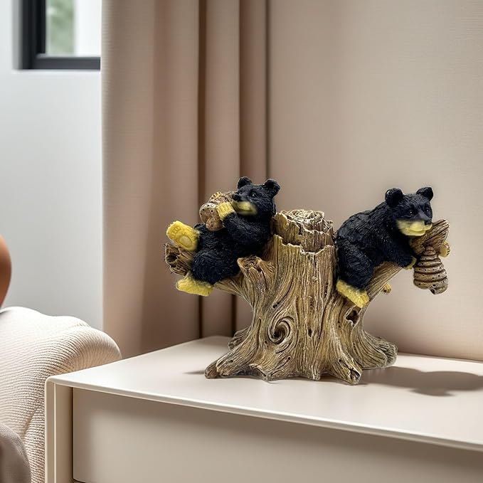 2 Black Bears on Branch Statue Figurine Sculpture Resin Collectible Gifts for Bear Lover Office Home Decor Desk Accessories Decoration Garden Figurines Outdoor Decor