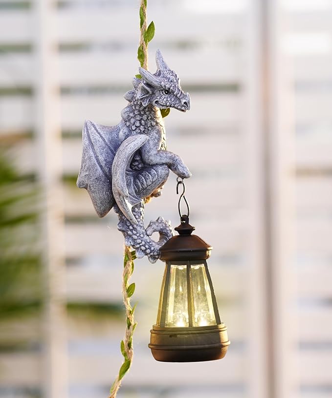 Nacome Dragon Outdoor Statues for Garden: Outside Hanging Climbing Sculptures with Lantern Decor for Yard Art Porch Balcony - Birthday Gifts for Grandma Mom Women