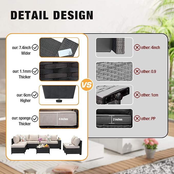 9 Pieces Patio Furniture Set All-Weather Outdoor Wicker Sectional Conversation Sofa Rattan Patio Seating Sofa with Cushion and Glass Table and Ottoman for Porch Poolside,Beige