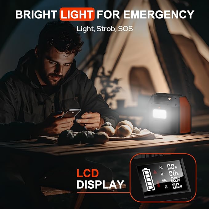 SinKeu 150W Power Bank Station, 122.8Wh/38400mAh LiFePO4 Battery, Solar Generator for Outdoor Camping, Traveling, Emergencies-Orange