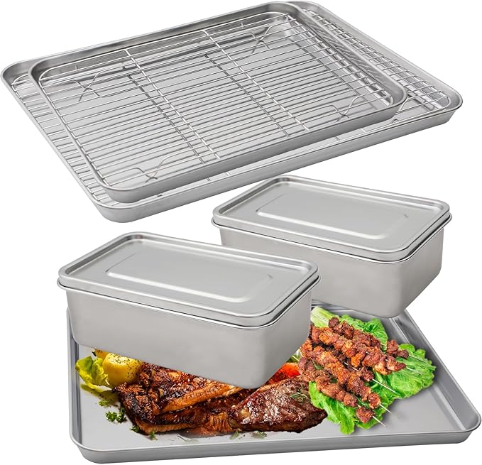 4-piece BBQ accessory set, stainless steel barbecue prep tray, portable BBQ system, 2 lidded marinade containers, suitable for outdoor grilling, easy to clean, men's BBQ gift.