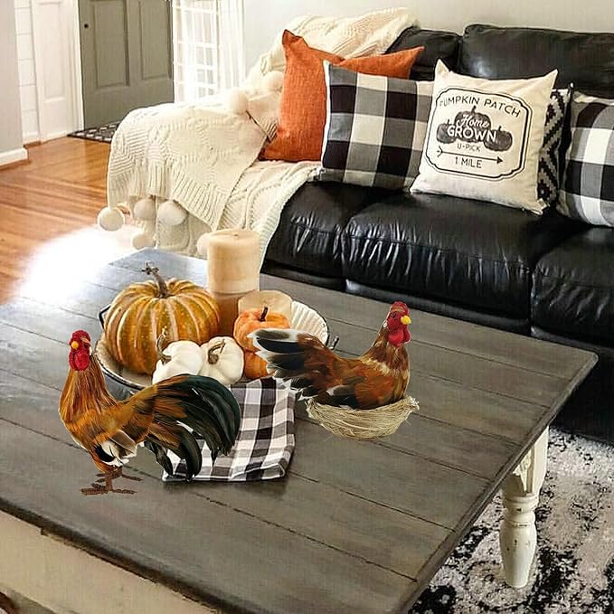 naturevibe 8.8 Inches Feathered Rooster Decor and Hen,Realistic Farm Animals Figurine with Real Feathers as Fall Decorations,Autumn Chicken Decor for Fall Centerpiece or Harvest Festival Display