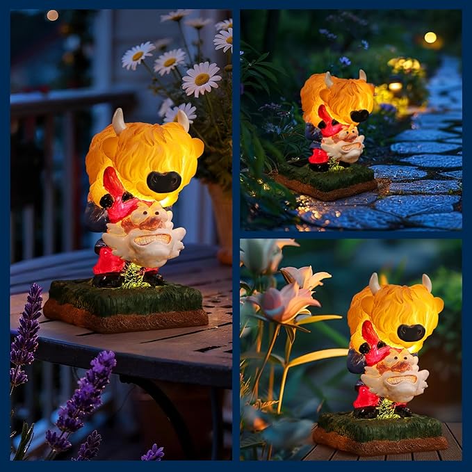 Garden Gnome Statue Highland Cow Gift,Yard Patio Balcony Outdoor Decor Solar Light Figurine, Christmas, Housewarming Gift,Idea Gift for Mom, Neighbor,Gnome Lover
