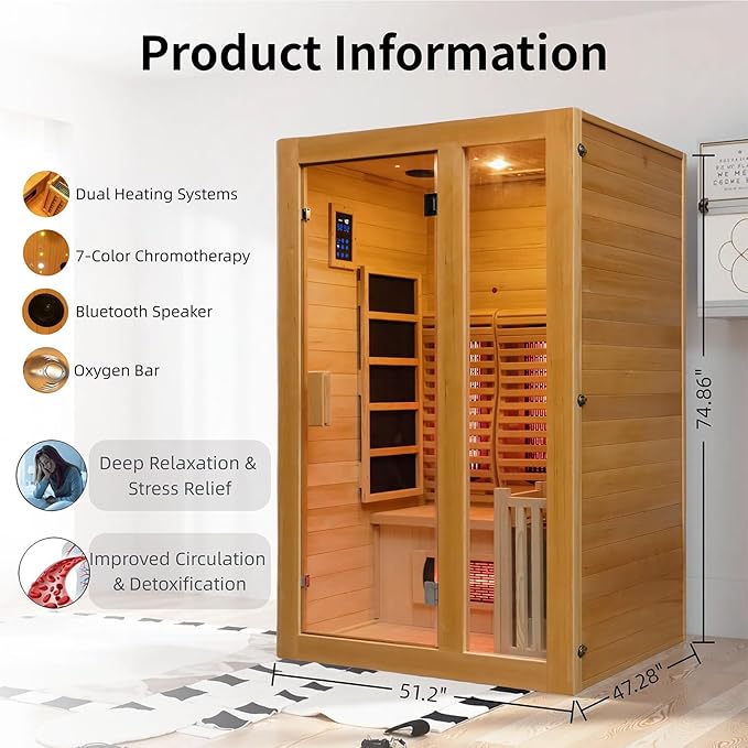 2-Person Far Infrared & Steam Dual-System Sauna Room, Hybrid Indoor Wooden Sauna with 3.5KW Heater, 6 Heating Elements and Heating Stove, Built-in Sound System, Oxygen Bar, 7-Color Lights,220V