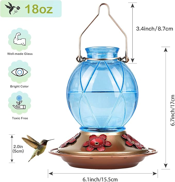 BOLITE Hummingbird Feeder, Glass Hummingbird Feeders for Outdoors, Netted Texture Ball Shape Bottle, 20 Ounces, Blue, Birthday Gifts for Women Men, Gifts for Mom Dad