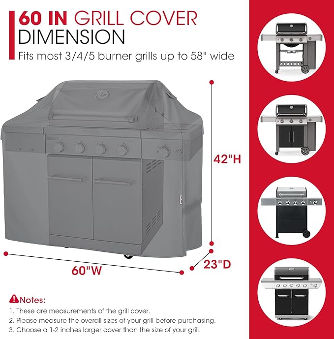 Unicook Gas Grill Cover for Outdoor Grill, 60 Inch BBQ Cover, Heavy Duty Waterproof, Fade Resistant Barbecue Protector Compatible with Weber Char-Broil Nexgrill BBQs up to 58" Wide, Gray