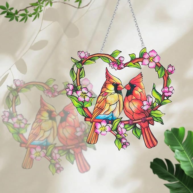 Stained Glass Window Hanging Cardinal Suncatcher,velaboll 10 inch Cardinal Decor for Home Decor, Garden, Patio, Gift for Nature and Bird Lovers