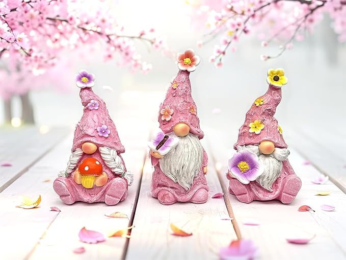 Gnome Decoration Figurine Outdoor Statue Resin 3pcs Flowers Spring Gnomes, Home Decoration Ornaments for Desktop Bookshelves Courtyard Garden Gift (Pink)