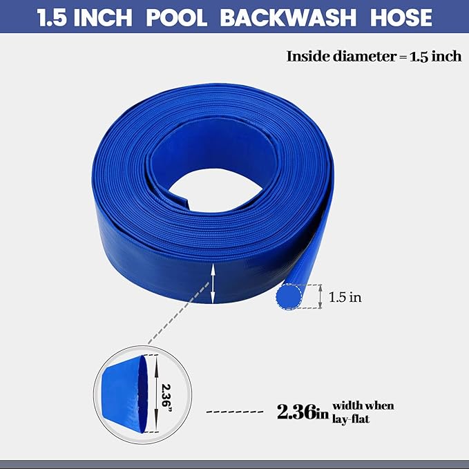 1 1/2 IN x 100 FT Pool Backwash Hose, Heavy Duty Flat Discharge Hose, Weather and Burst Resistant, Best Pool Hoses for Inground Pools, Pool Filter Hose & Pool Drain Hose