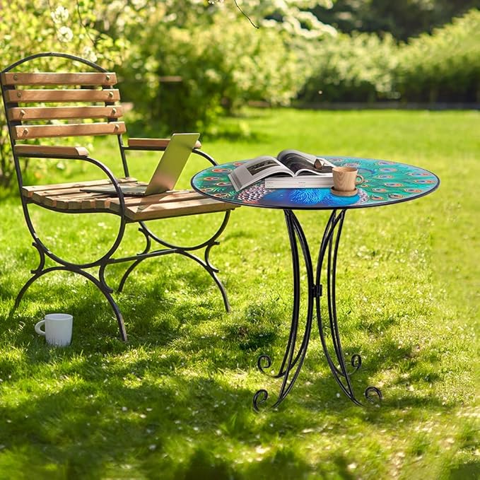 Outdoor Side Table,18 Inch Metal Accent Table, Peacock Round End Tables, Small Coffee Tables for Indoor & Outside Garden Patio Balcony Yard Bedroom