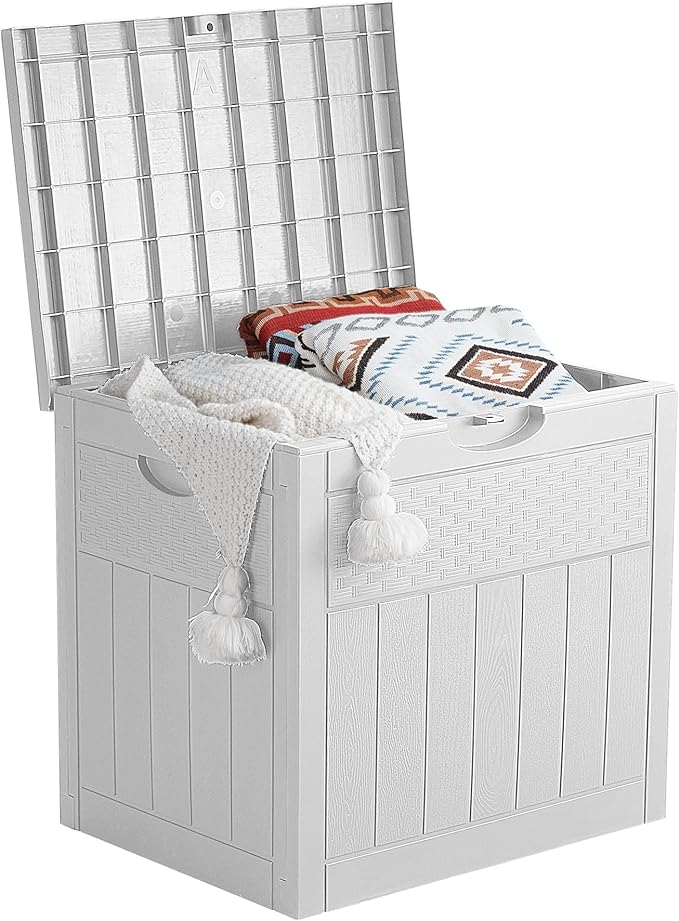 33 Gallon Deck Box, Small Outdoor Storage Box Waterproof, Lockable Secure Package Bin Delivery Box for Outside Front Porch, Patio Cushions Storage Box, Delivery Driver Snack Box for Porch, White
