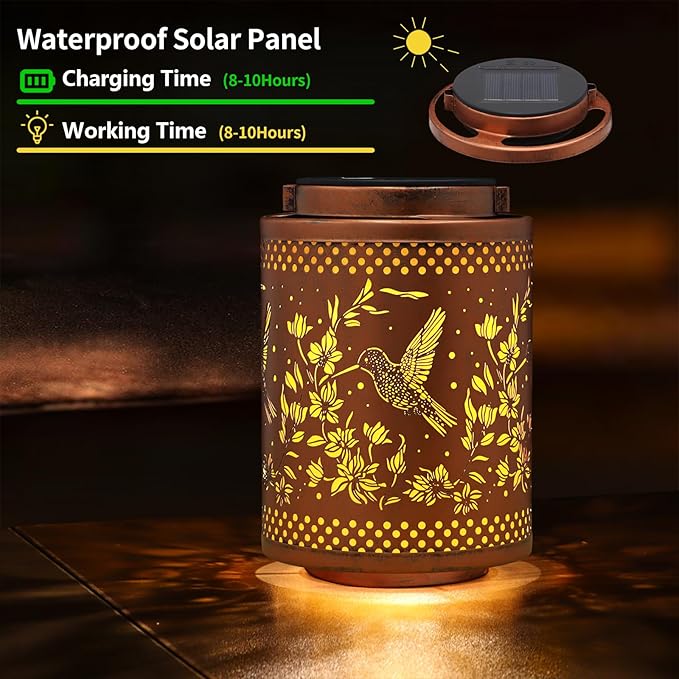 Hummingbird Solar Lanterns Garden Decor Birthday Gifts for Women Mon Grandma Metal Hanging Solar Lights Waterproof Outdoor Decoration for Outside LED Lanterns for Yard Patio Lawn Pathway Landscape