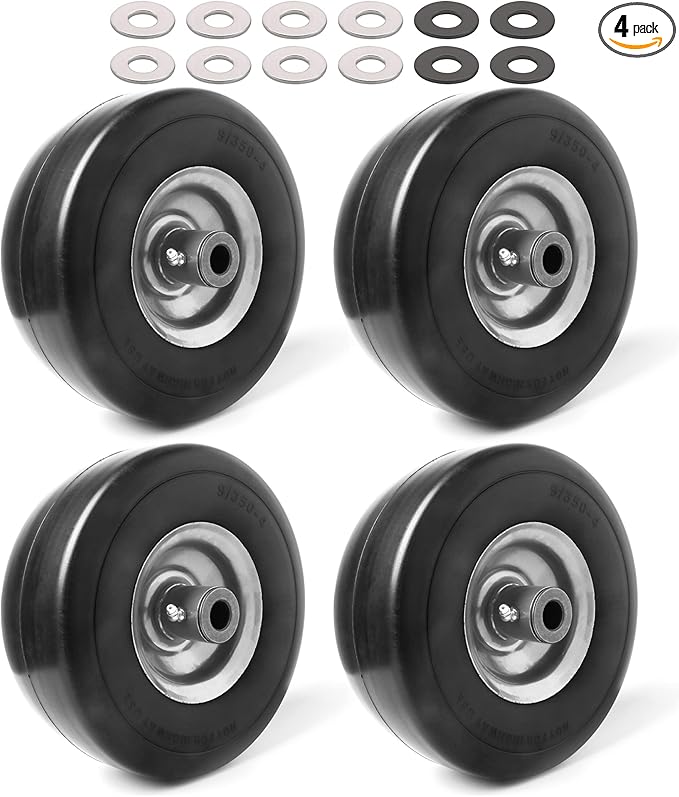 (4-Pack) 9x3.50-4” Flat Free Lawnmower Tire with 4" Centered Hub, 3/4" Bushings and Wheel Assemblies - PU Tire on Wheel and Adapter Kits