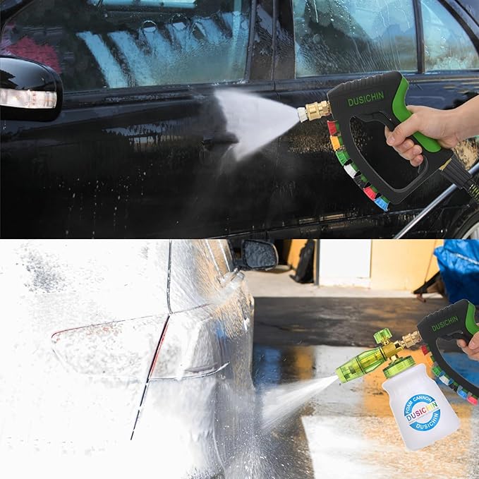 DUSICHIN Short Pressure Washer Gun with Foam Cannon,4000 PSI Power Washer Foam Blaster 1/4'' Quick Connector,Car Wash Foam Gun Snow Foam Lance with 7 Pressure Washer Nozzles for Car Washing DUS2903
