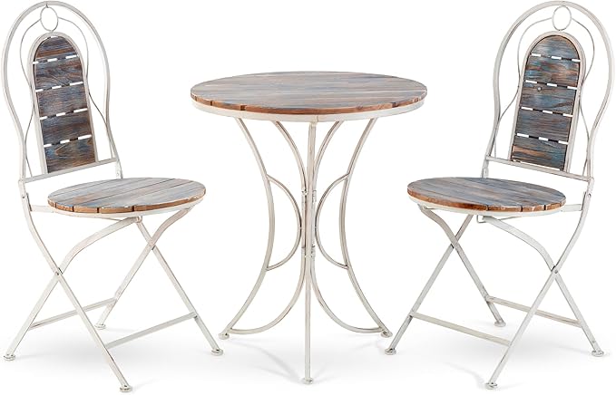 Alpine Corporation Indoor/Outdoor 3-Piece Wood and Metal Bistro Set Table and Folding Chairs Patio Seating