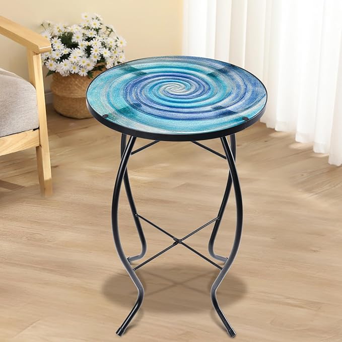 MUMTOP Outdoor End Tables for Patio, The Milky Way Small Round Side Table, Glass Accent Table for Outside, Garden, Balcony, Porch, Indoor Home Decor