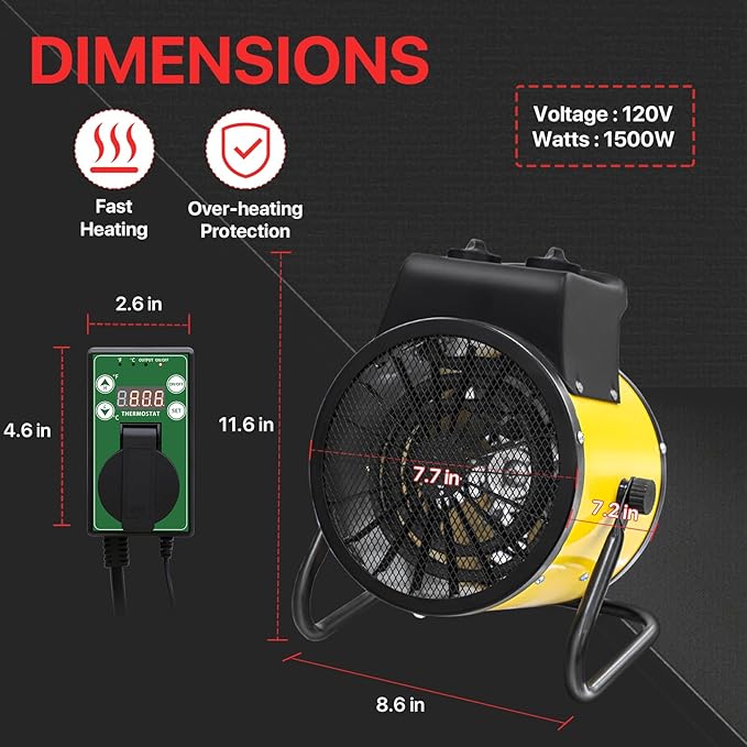 EAGLE PEAK 1500W Outdoor Heater with Thermostat, Greenhouse Heater for Greenhouse, Grow Tent, Garage, and RV Use, Water Resistant IPX 4 Rated, Overheat Protection, Radiant Heating, 1 Pack, Yellow