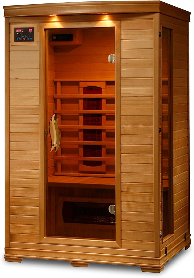 HEATWAVE Coronado 2 Person Hemlock Infrared Sauna for Home & Indoor Relaxation – With 5 Ceramic Heaters, Chromotherapy Lighting, Tempered Glass Door, Sound System, Ergonomic Backrests
