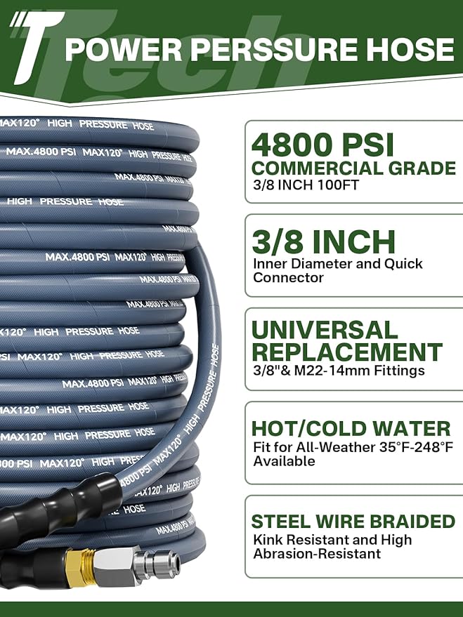 3/8" 4800PSI Pressure Washer Hose 100FT with Swivel Quick Connect for Cold/Hot Water Max 248°F, Kink Resistant Steel Wire Braided, Wear Resistant Power Washer Hose with M22 14mm Adapter