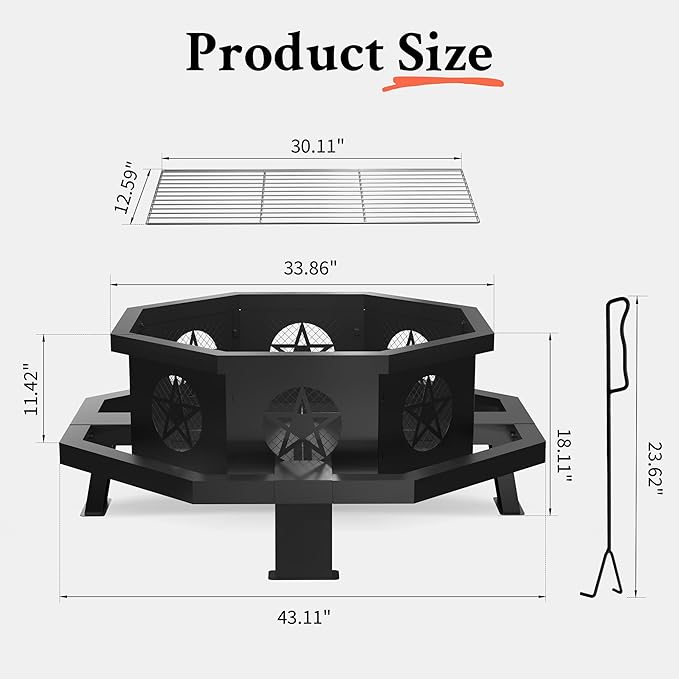 43 Inch Octagonal Fire Pit with Cooking Grill,Outdoor Wood Burning Fire Pit for Camping Outside Picnic Bonfire,Heavy Duty Firepit for Backyard Garden Patio