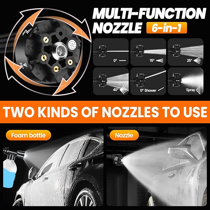 Pressure Washer Battery Powered 3000mAh, Portable Cordless Power Washer 652PSI, Handheld Car Pressure Washer with 6-in-1 Nozzle,17FT Drain Hose, Power Cleaner for Patio Floor Fence Deck Indoor Black