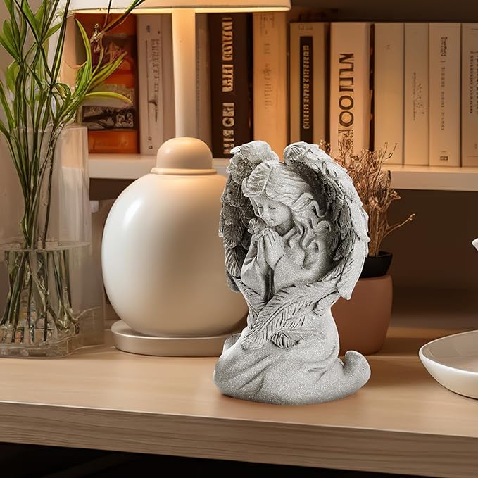 INLOMEM Praying Angel Figurine, Sculpted Hand-Painted Figurine, Angel Wings Statue for Home Decor or Garden, First Communion Gifts for Girls, Religious Gifts for Women (Gray)