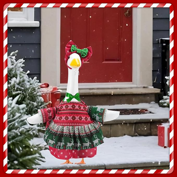 Christmas Porch Goose Outfits for 23 Inch Lawn Statue, Ugly Sweater Costume for Plastic/Cement Statue, Duck Sculpture Clothes for Xmas Winter Yard Patio Party Decoration