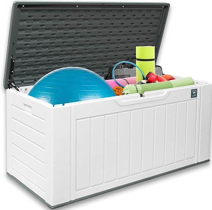 230 Gallon Large Outdoor Storage Box, Durable Deck Boxes Outdoor Waterproof, Resin Waterproof Deck Box for Patio Furniture Outdoor Cushions Garden Tools and Pool Storage (White, 150Gallon)