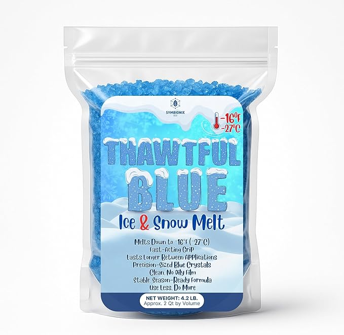 Thawtful Blue Ice & Snow Melt – Snow Melt, Rock Salt, Driveway & Sidewalk Salt for Ice, Blue Granular Rock Salt, Melts to −16°F (−27°C) – Resealable Zip Bag (2 QUARTS - 4.2 lb.)