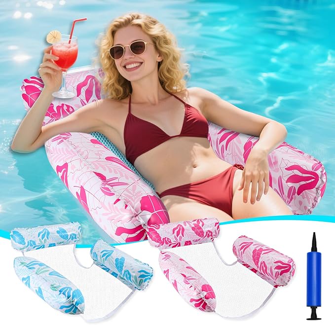Inflatable Pool Floats for Adults, 2-Pack Multi-Purpose Pool Hammock Floating Chairs, Heavy Duty PVC Material, Water Floats for Swimming Pool, Beach, Summer Pool Toys Party Gifts