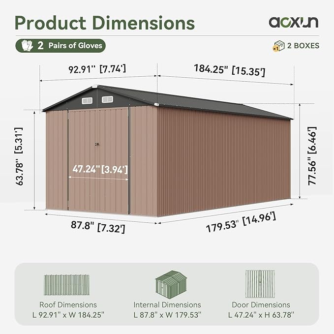 Aoxun 8'x15' Outdoor Metal Storage Shed with Lockable Door & Sloping Roof- Ideal for Tools, Garden Equipment & Bikes, Perfect for Patio Placement(Brown)