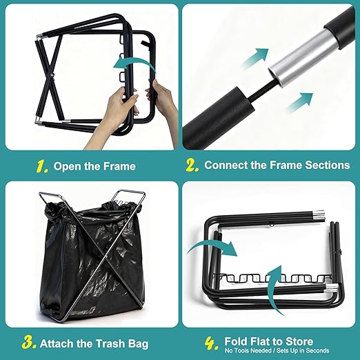 Trash Bag Holder Stand, Heavy Duty Foldable Metal Garbage Bag Frame Fits 30-50 Gallon, Portable Yard Leaf Bag Holder for Lawn Cleanup, Camping, Weeding, Parties