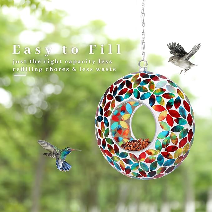 VCUTEKA Mosaic Bird Feeder Solar Fly Through Birdfeeder for Outside Hanging Round Shape Glass Container to Attract More Wild Bird Feeders for Garden Decor as Gift for Bird Lovers, Red 10-Inch