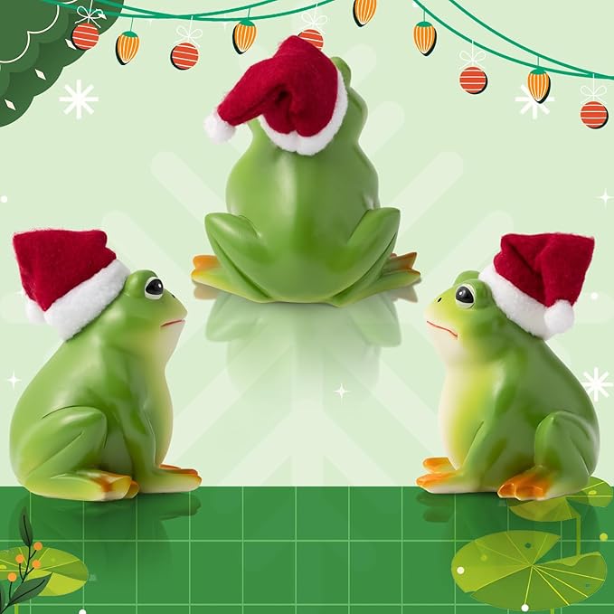 Christmas Frog Resin Statue - Christmas Frog Statue with Santa Hat for Xmas Tree Party Desk Decor Resin Figurine for Home Patio Office Decoration Cute Plant Statues for Tabletop Garden Decor