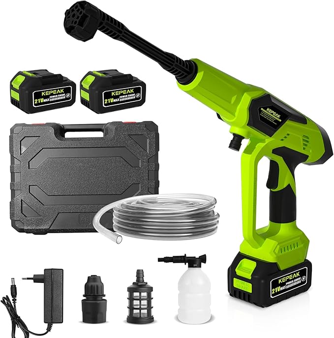 KEPEAK Cordless Pressure Washer, 1450PSI Portable Power Washer with 6-in-1 Nozzle, 21V Hand Held Pressure Washer with 2 Batteries, Electric Power Cleaner for Car, Garden, Home