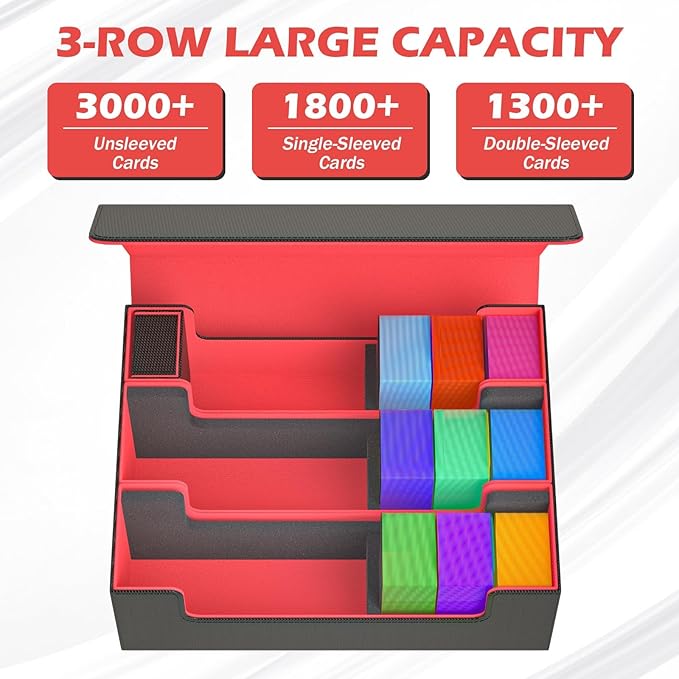 Trading Card Storage Box with Game Mat and 8 Divider Tabs, 3-Row Deck Case with Dice Tray, 3000+ Card Deck Box, Commander Deck Case for TCG, CCG, YuGiOh and Sport Card (Black & Red)