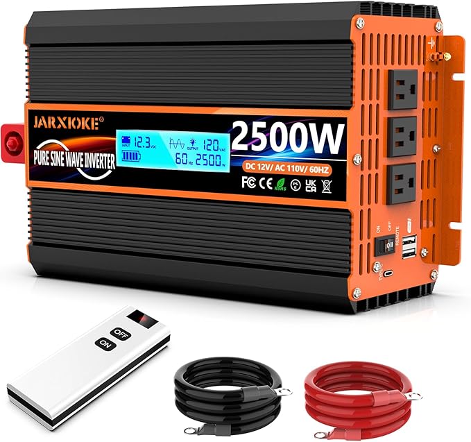 2500 Watt Pure Sine Wave Power Inverter 12V DC to 110V 120V Converter for Family RV Off Grid Solar System Car with Type-C Ports 3 AC Power Outlets Dual USB Ports LCD Display Wireless Remote Control