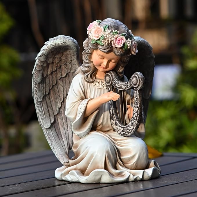 Solar Garden Outdoor Statues Lights, Resin Angel Figurine Light for Patio, Balcony, Yard, Lawn Ornament, Unique Housewarming Gifts and Yard Decor (Angel Plays)