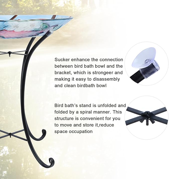 MUMTOP Outdoor Glass Birdbath with Metal Stand for Outside Yard Garden Decor, 18 inch Diameter Red Caridnals Bird Baths Bowl for Outdoors, 21.65 inch Height