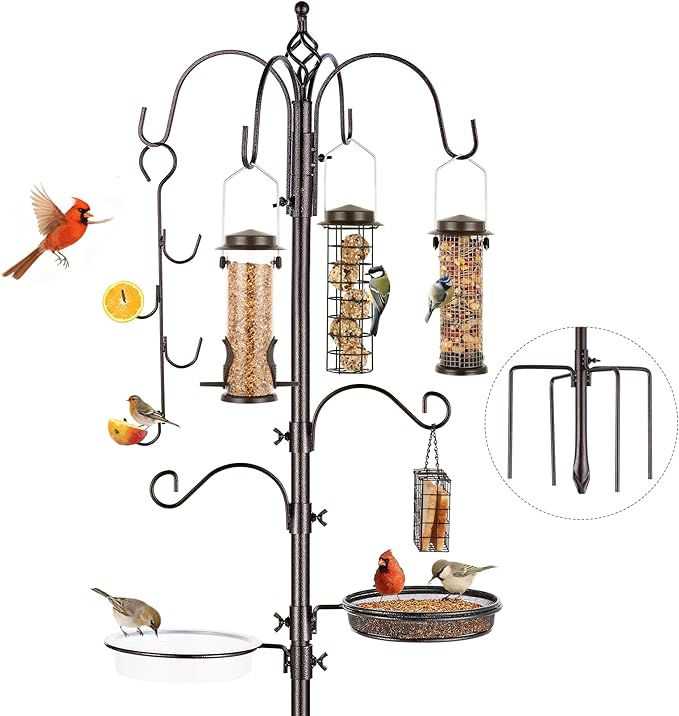 Bird Feeding Station Kit Pole Wild Bird Feeder Hanging Planter Hanger Multi Feeder Hanging with Metal Suet Feeder Bird Bath for Attracting Wild Birds