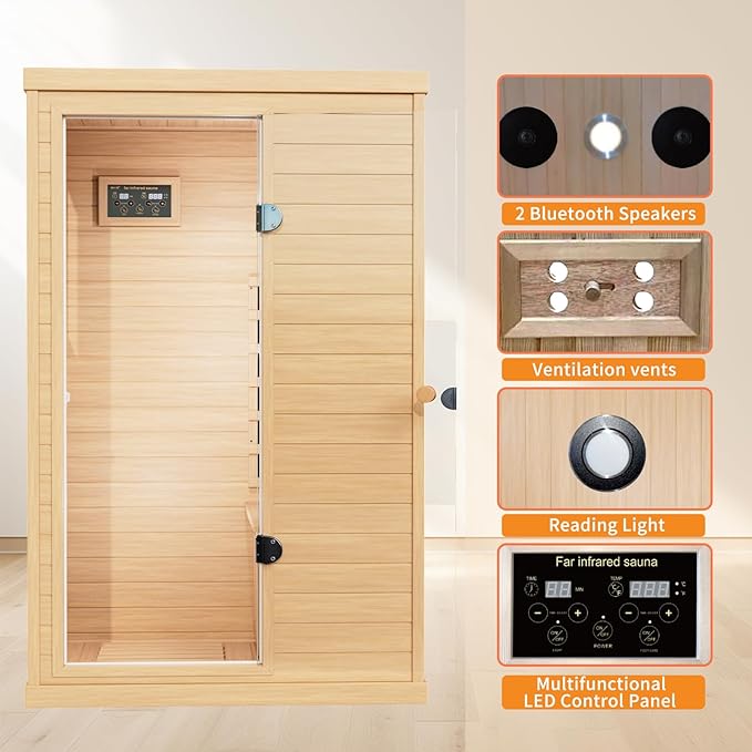 Infrared Wooden Sauna 1 Person Infrared Saunas for Home Dry Sauna for Home, Low Emf Infrared Sauna 1050W Indoor Saunas for the Home , Bluetooth Speakers, Reading Lamps, Room:63 * 28.74 * 36.61Inch